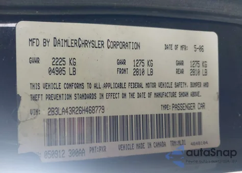 2006 Dodge Charger from USA, damaged, VIN 2B3LA43R26H468779